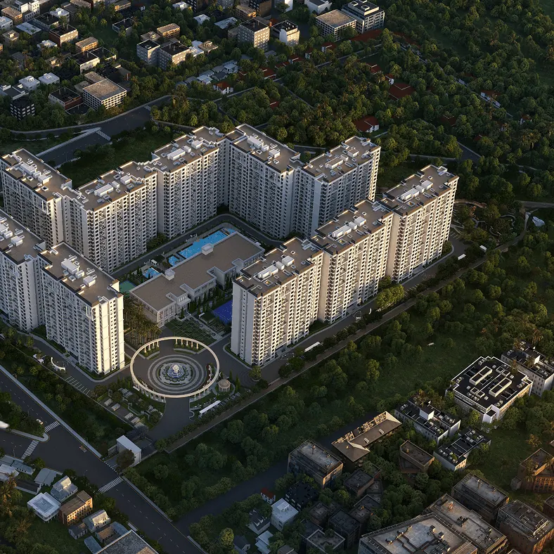 An aerial view of the estate with its towers around a central clubhouse and pool
