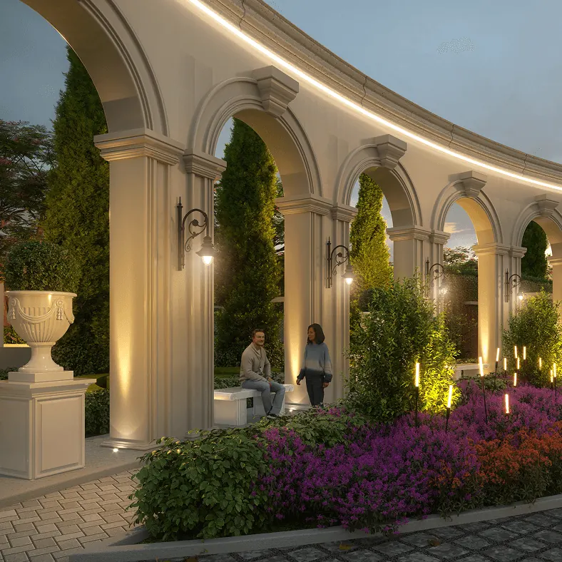 A curved colonnade with lanterns and planted urns along a garden walk