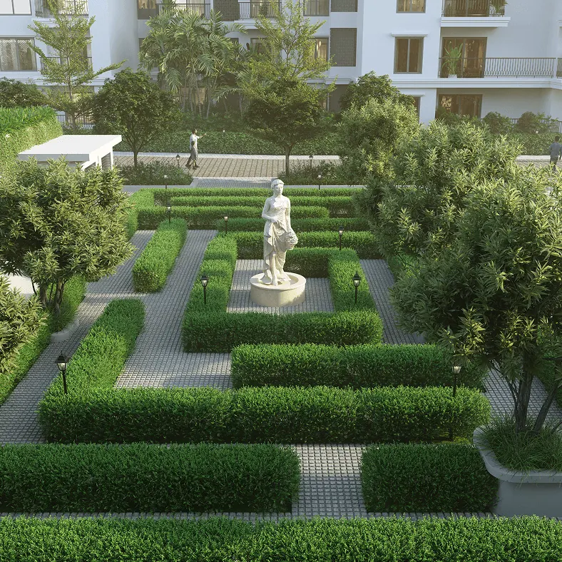 An English garden with clipped hedges and a statue