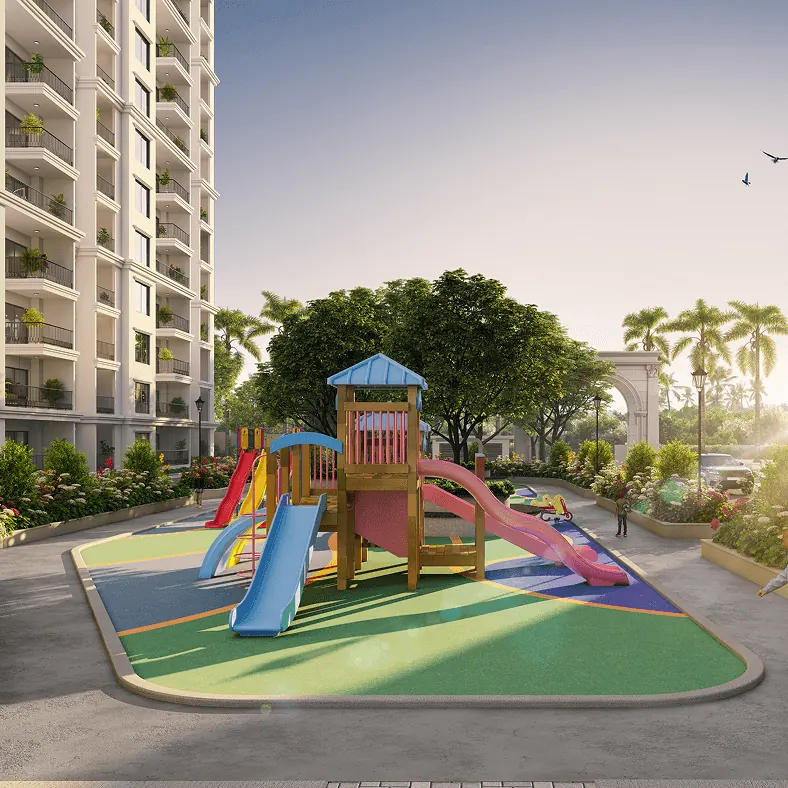 A children’s play area with slides between the towers
