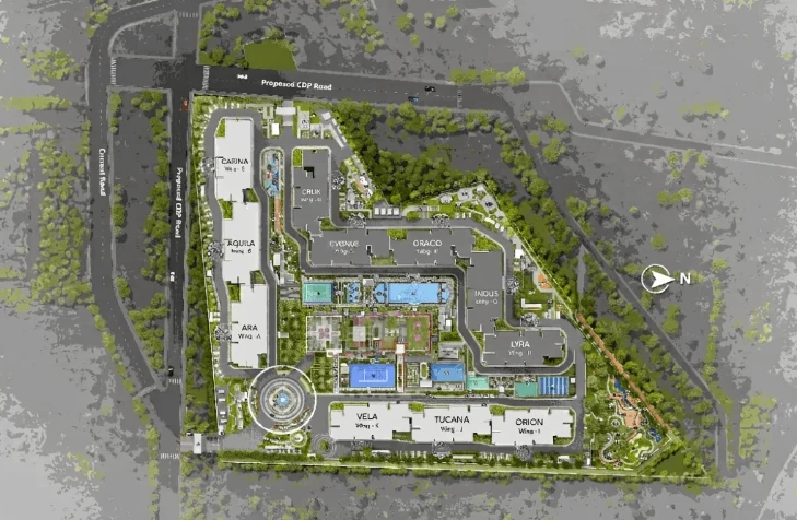 Sumadhura Edition, master plan Master plan of Sumadhura Edition: eleven named wings around a central clubhouse, pools and courts, with a fountain court at the arrival